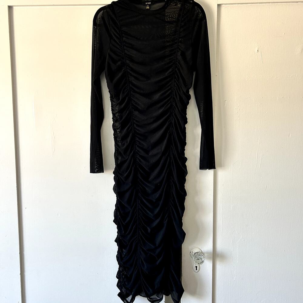 AFRM sheer long sleeve ruched midi glam dress - Picture 1 of 5